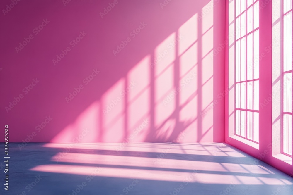 Fototapeta premium Sunlit Pink Interior: An interior space with a striking pink hue, bathed in the soft glow of sunlight streaming through a large window, creating shadows and light play