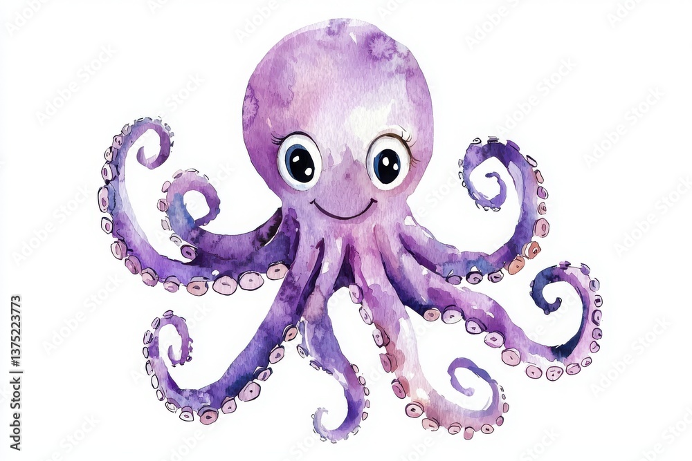 A cheerful, cartoonish purple octopus with big eyes and swirling tentacles, illustrated in a watercolor style. A cheerful, cartoonish purple octopus with big eyes and swirling tentacles, illustrated in a watercolor style.