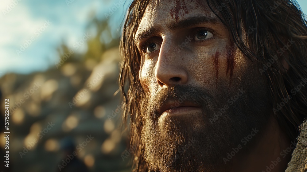 Close up of a man with long hair and beard with marks on his face outdoors Close up of a man with long hair and beard with marks on his face outdoors