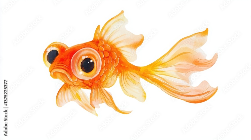 Fototapeta premium A vibrant illustration of a goldfish with large eyes and flowing fins, showcasing its graceful and colorful nature.