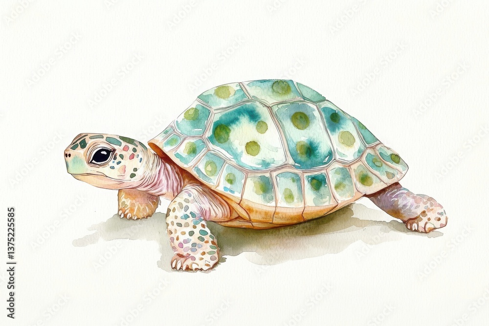 Fototapeta premium A colorful watercolor illustration of a turtle, showcasing its unique shell patterns and textures in a serene, artistic style.