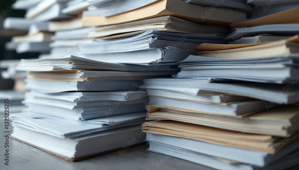 Stack of Papers and Folders Overflowing on a Surface Documents Concept Stack of Papers and Folders Overflowing on a Surface Documents Concept
