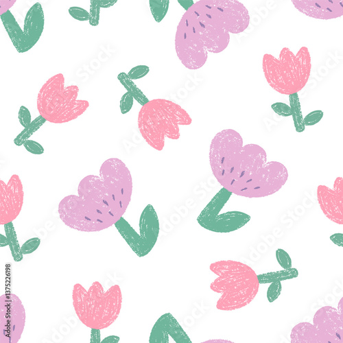 Spring hand drawn seamless pattern with tulips, chalk texture