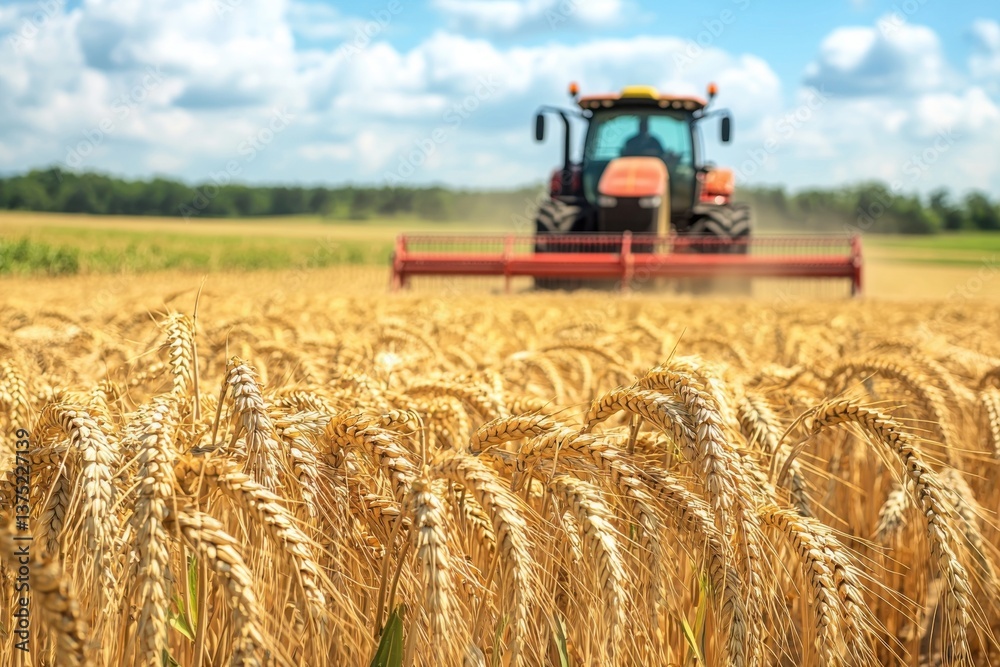Fototapeta premium A tractor harvesting wheat in a golden field under a bright blue sky with fluffy clouds, showcasing agricultural activity and rural landscape.
