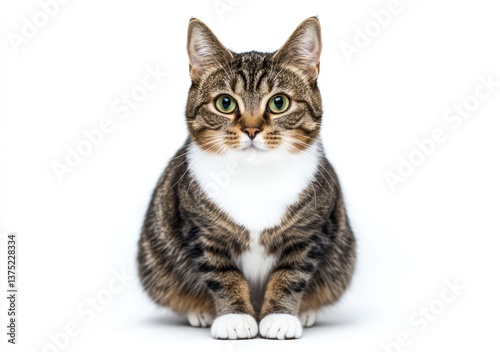 Sitting Tabby Cat Portrait on White Background Looking at Camera