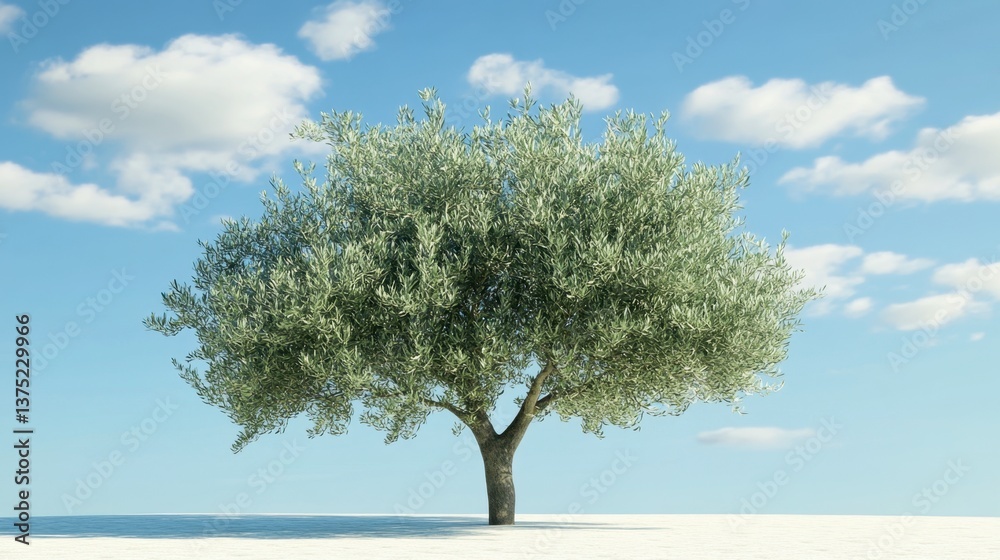 Obraz premium Olive Tree Under Blue Sky with Soft Clouds and Sunny Environment
