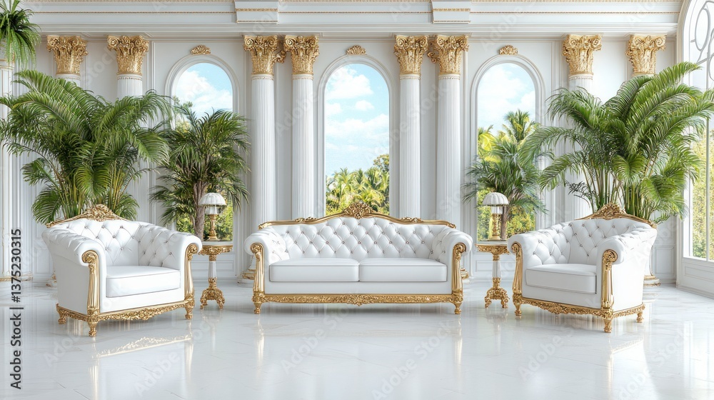 Fototapeta premium Elegant white and gold furniture set in a luxurious palace style room with large and tropical plants.