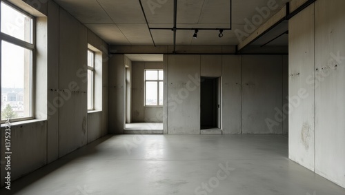 A room with abundant showcasing stark lines of a brutalist interior design creating a bright atmosphere