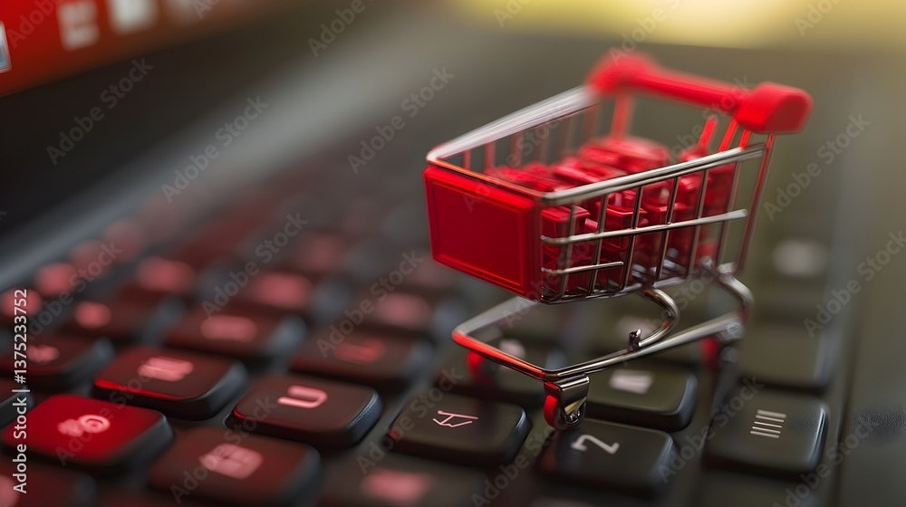A small red shopping cart rests on a laptop keyboard symbolizing online shopping and e-commerce sales du a digital retail promotion. A small red shopping cart rests on a laptop keyboard symbolizing online shopping and e-commerce sales du a digital retail promotion.