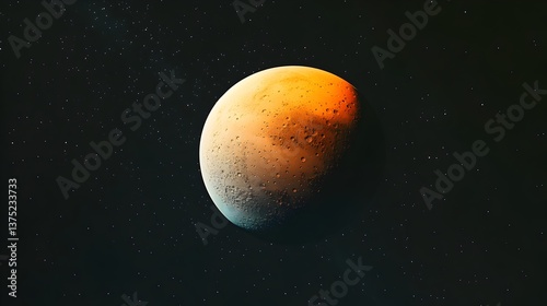 A detailed 3D rende of showcases its rusty surface and craters against a backdrop of distant stars in space.