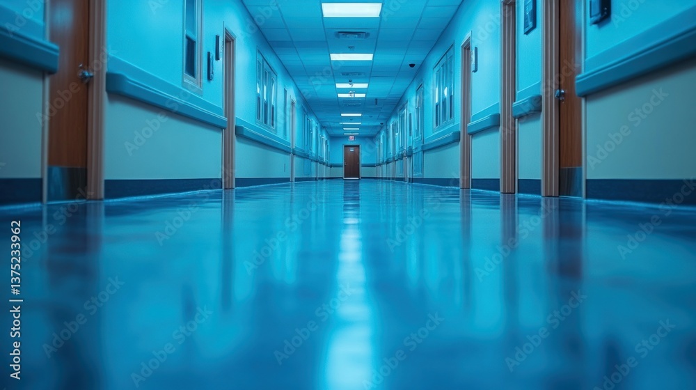 Fototapeta premium Empty Hospital Corridor: A Sterile, Reflective Blue Hue