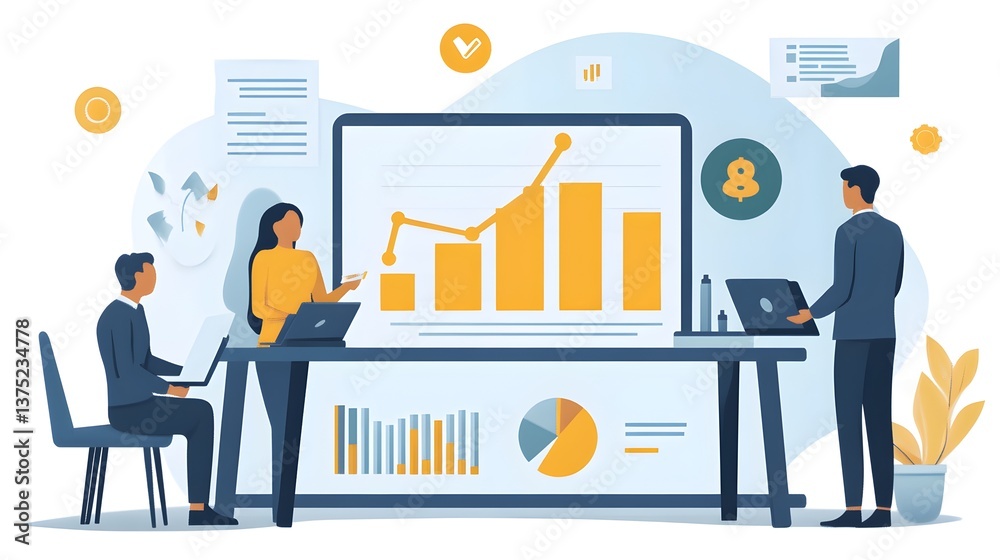 A business team analyzes financial data and growth charts du a productive strategy meeting in a modern office. A business team analyzes financial data and growth charts du a productive strategy meeting in a modern office.