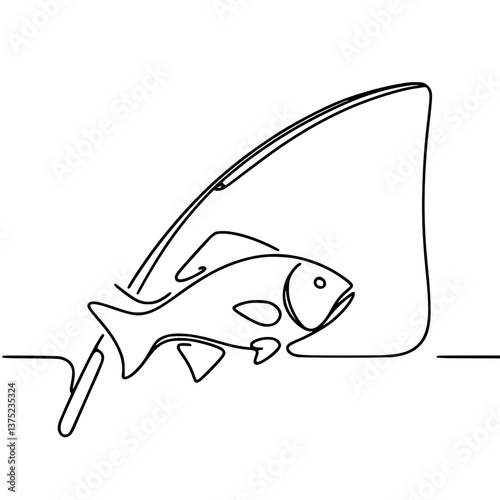 One-Line Drawing of Fish Caught on Fishing Rod on a transparent background  