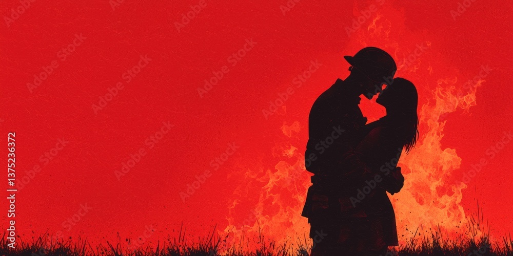 Silhouette of a passionate couple kissing intensely against a fiery red background at night. Silhouette of a passionate couple kissing intensely against a fiery red background at night.