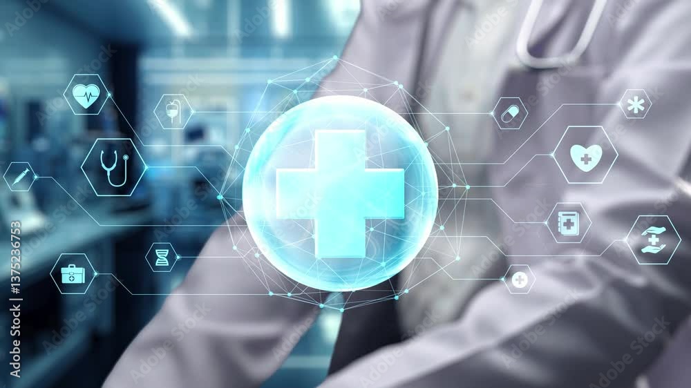 Close up of doctor sitting and holding medical cross hologram floating at laboratory. General practitioner checking and accessing medical data for diagnosis symptom by using technology. Remedial.