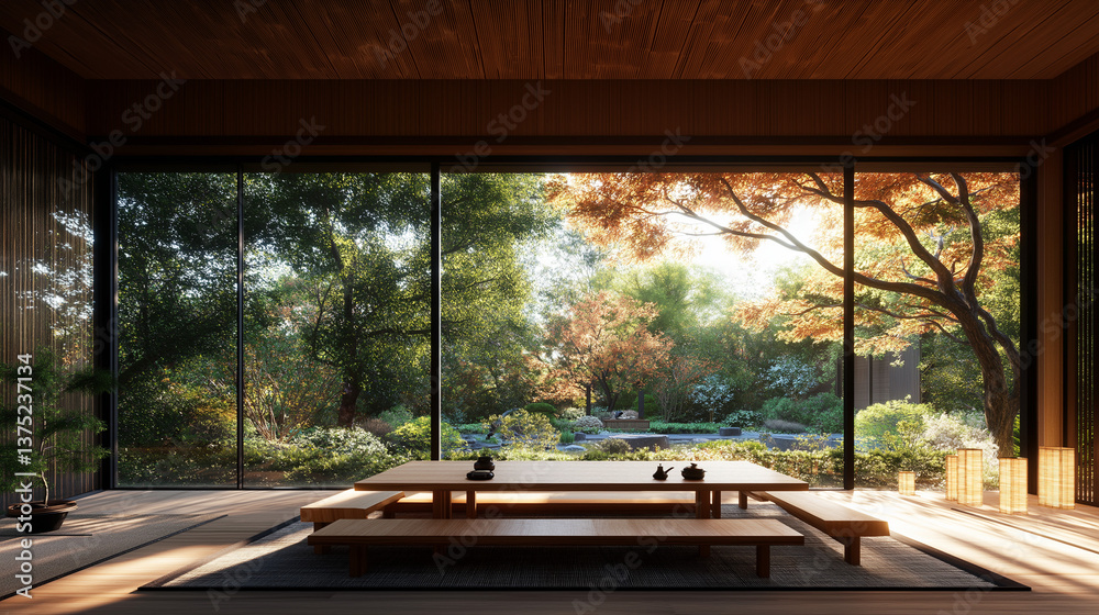 Serene Japanese Dining Room: Capturing the essence of tranquility, this image showcases an exquisitely designed Japanese dining room. Serene Japanese Dining Room: Capturing the essence of tranquility, this image showcases an exquisitely designed Japanese dining room.