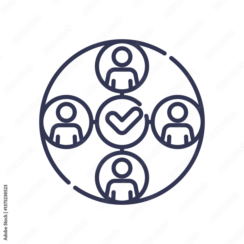 Four people icons encircle a checkmark, symbolizing social compliance and unity. Four people icons encircle a checkmark, symbolizing social compliance and unity.