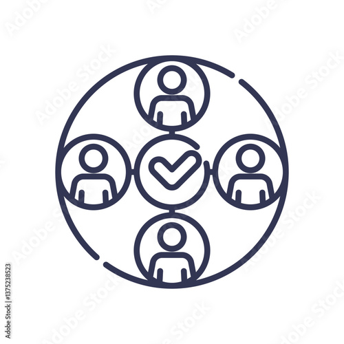 Four people icons encircle a checkmark, symbolizing social compliance and unity.