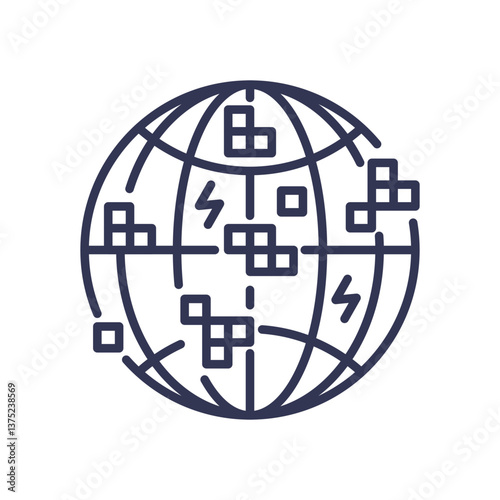 A globe with pixelated blocks and lightning bolts symbolizes a corrupted digital world.