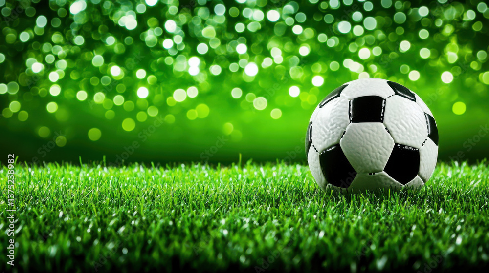 Fototapeta premium Soccer Ball on Bright Green Grass with Glittering Background