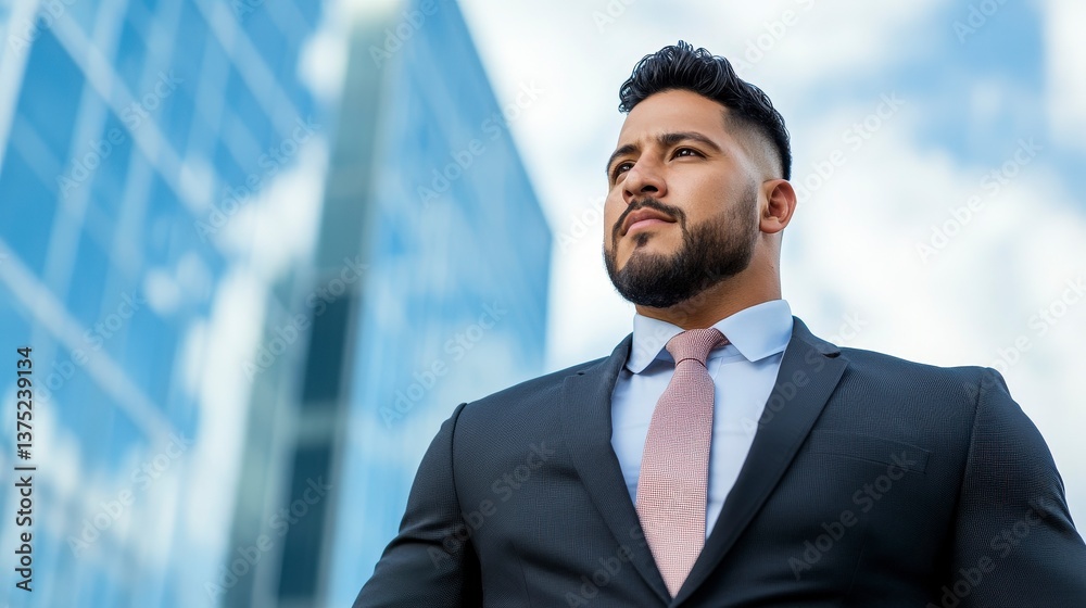 Fototapeta premium Stylish Executive Man in Suit Walking Outside Modern Building Under Blue Sky
