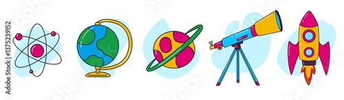 Science and Space Icon Set Atom, Globe, Planet, Telescope, Rocket, Vector illustration. Suitable for educational materials, children's books, UX/UI design, scientific and technological projects