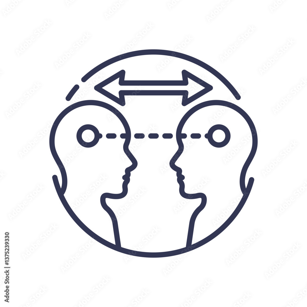 Two heads with arrows symbolize interactive learning and knowledge exchange.