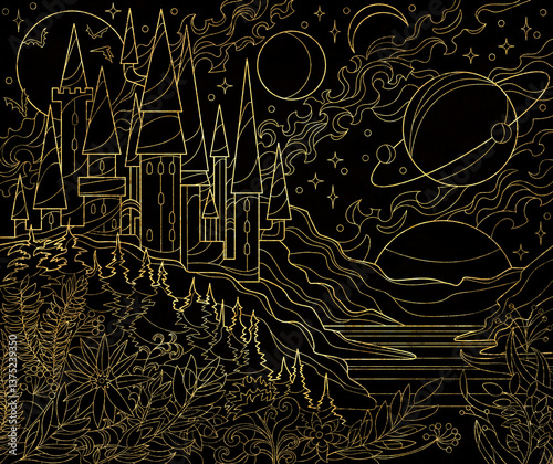 Fantasy styled illustration with golden fairy dream magic castle with gothic towers and flowers against black background.Concept art.
