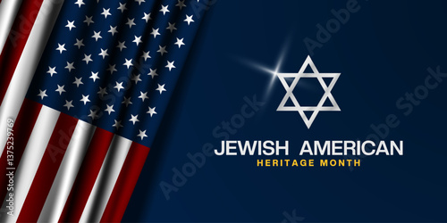 May is Jewish American Heritage Month. American flag and Star of David. Great for posters, banners, social media and more. Blue background.