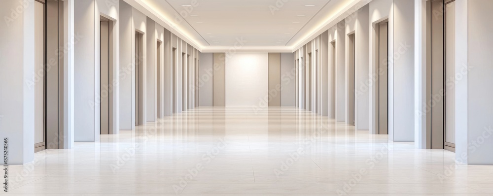 Fototapeta premium A long pristine hallway with numerous elegant elevator doors lines a modern building interior.