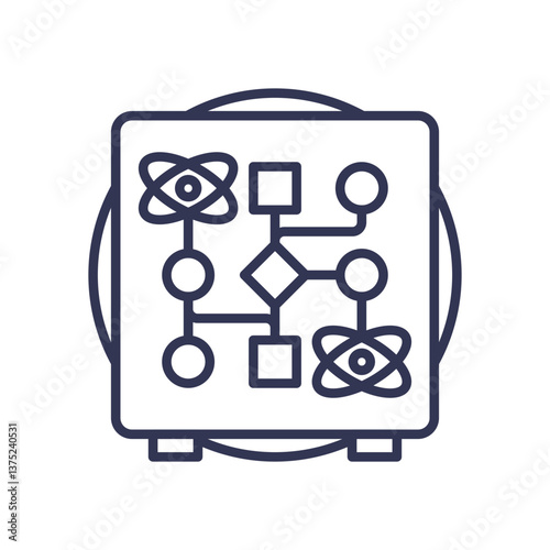 Flowchart with atomic symbols representing algorithmic security processes.