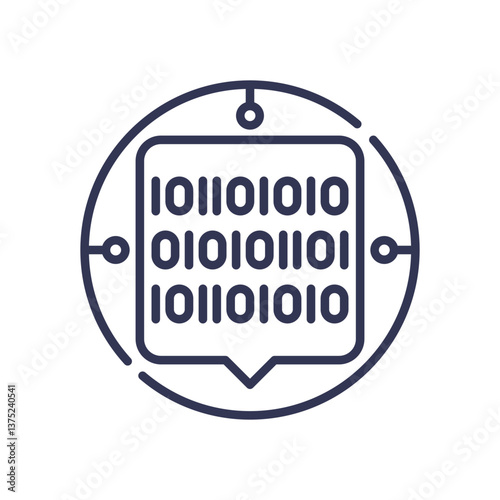 Binary code in a speech bubble symbolizes algorithmic communication and accountability.
