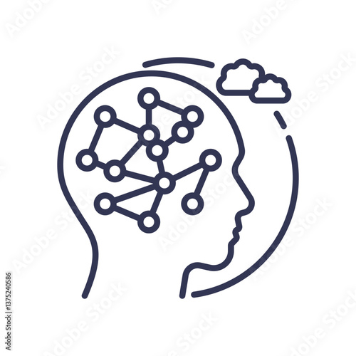 Outline of a head with neural network and cloud, symbolizing artificial cognition.