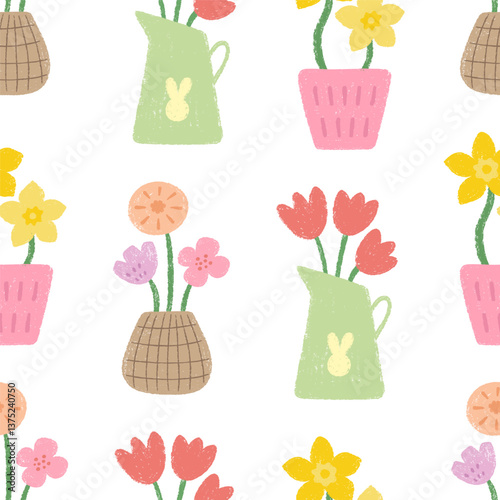 Seamless pattern with spring flowers in pots drawn with chalk