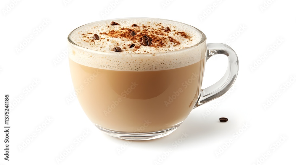 Obraz premium A delicious cup of creamy cappuccino coffee topped with cinnamon and coffee beans sits in a clear glass mug on a white background.