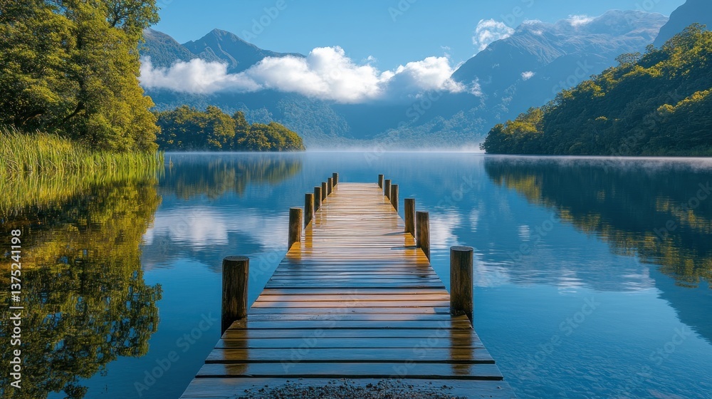 Serene lake view with wooden dock extending towards misty mountains under a clear sky. Serene lake view with wooden dock extending towards misty mountains under a clear sky.