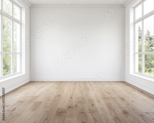 A bright empty room features hardwood floors large and white walls perfect for home staging or design.