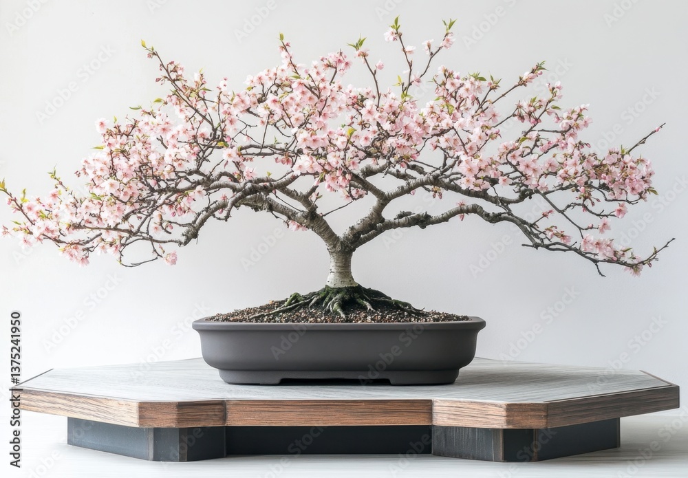 Elegant Cherry Blossom Bonsai Tree in Minimalist Display Setting Elegant Cherry Blossom Bonsai Tree in Minimalist Display Setting
