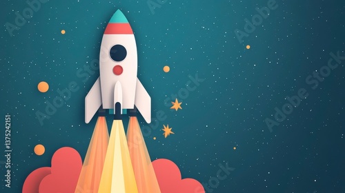 Vibrant Rocket Launch Illustration for Birthday Invitation and Space-Themed Celebrations