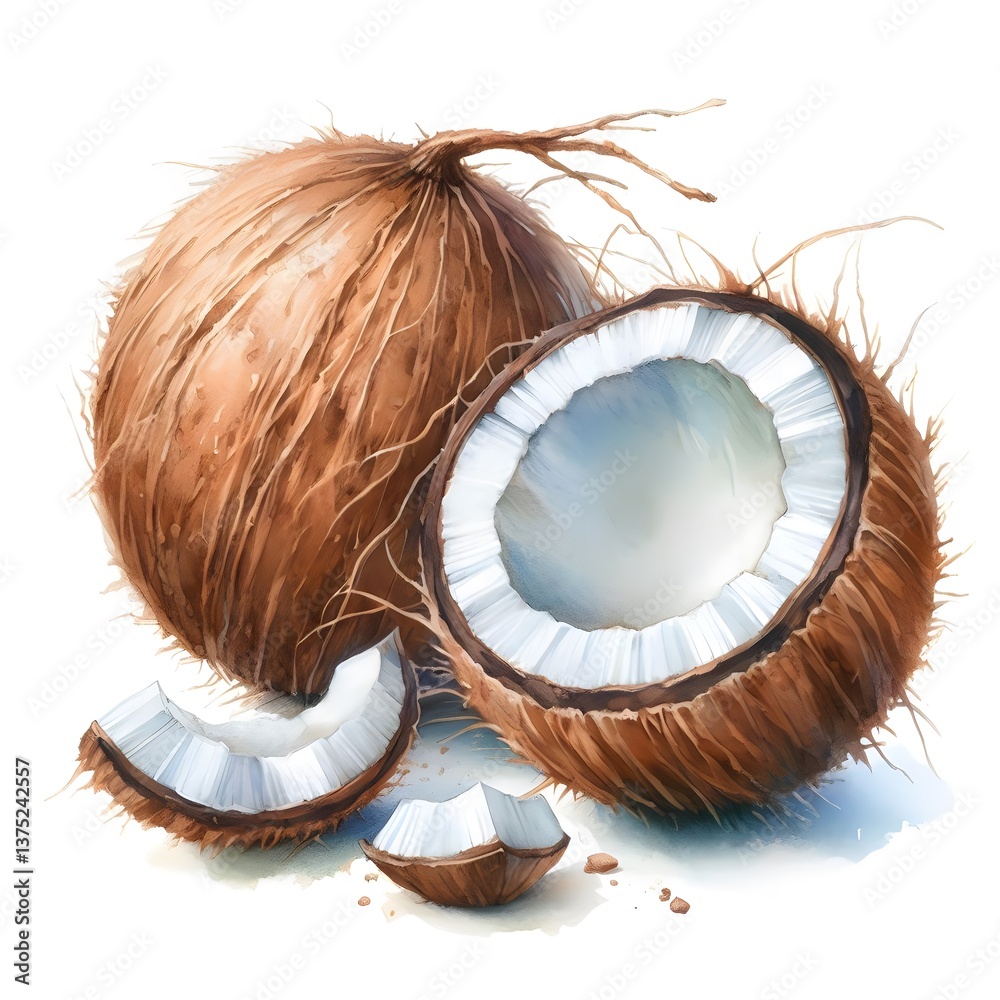 Fototapeta premium 흰 배경, 코코넛, 수채, jpeg (white background, coconut, water colour, jpeg)