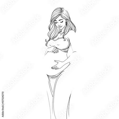 Happy Mother's Day celebration, and a beautiful pregnant woman standing and holding her belly. woman day and mother day concept.
