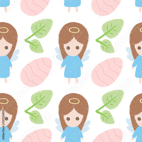 Paschal seamless pattern with Easter egg, angel, leaves