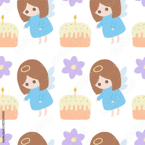 Paschal seamless pattern with Easter cake, angel, spring flower