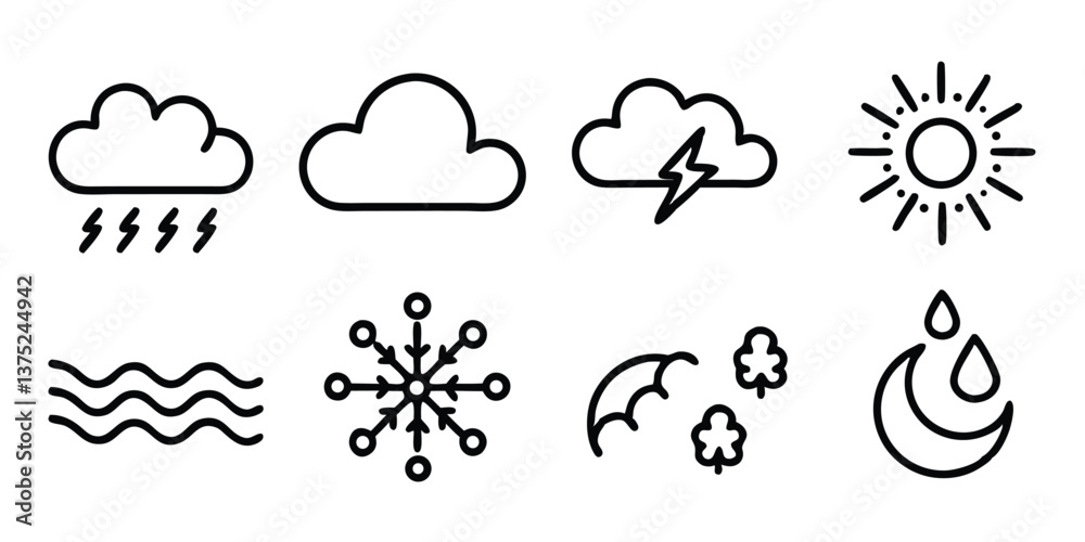 Obraz premium Weather icon set with sun, clouds, rain, and storm symbols