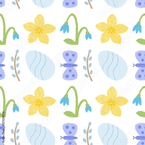 Seamless pattern with Easter egg, butterfly, snowdrop, willow, daffodil