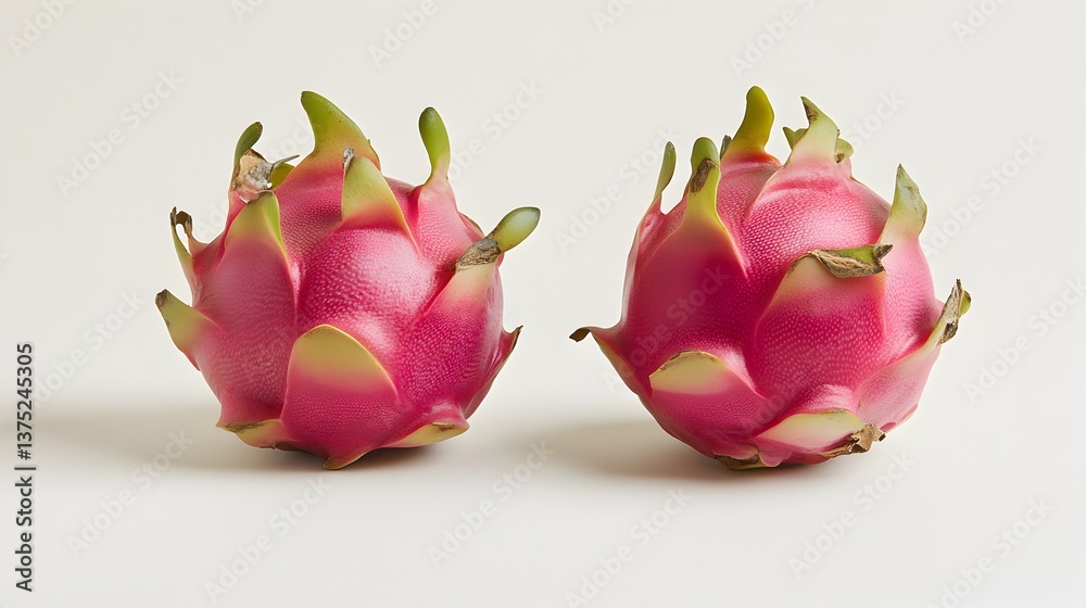 Fototapeta premium Two vibrant pink dragon fruits sit side by side against a clean white background showcasing their exotic beauty and unique texture.