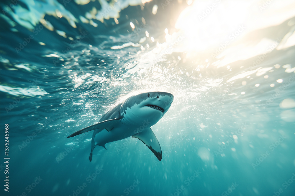 Fototapeta premium dynamic shot of shark swimming towards camera with sunlight filtering through water, creating dramatic effect