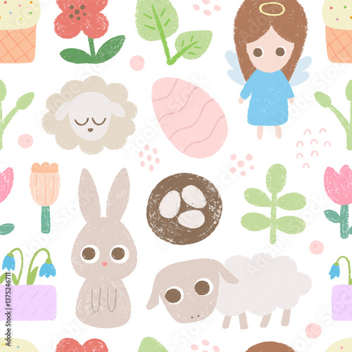 Paschal seamless pattern with Easter bunny, egg, cake, sheep, angel