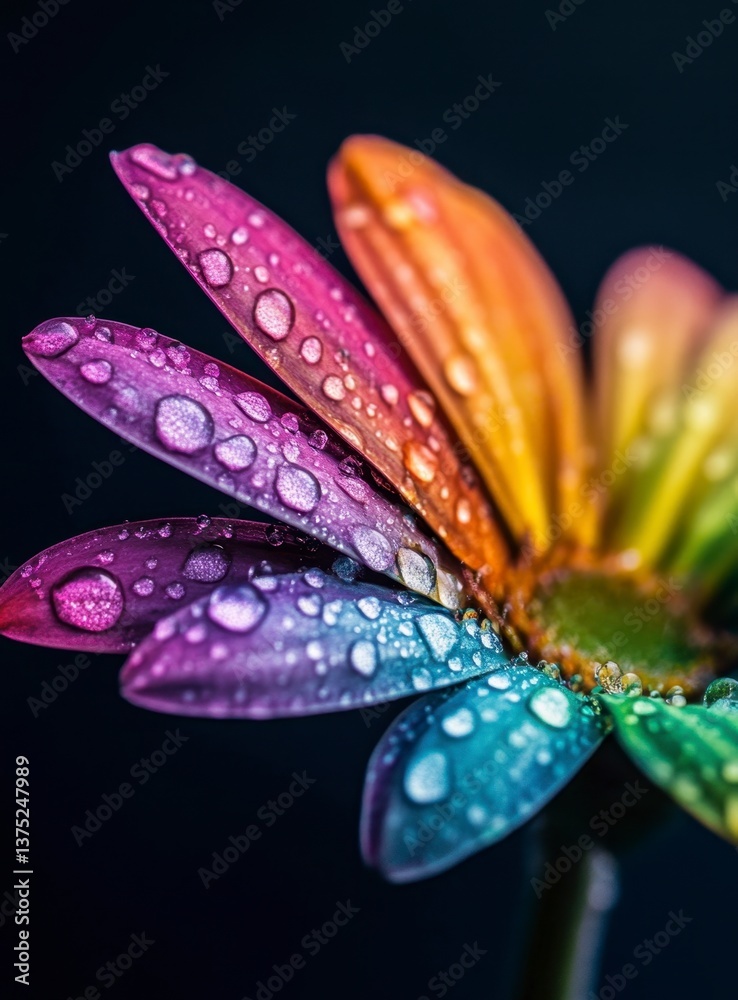 Fototapeta premium Colorful Flower Petals with Water Droplets on Dark Background