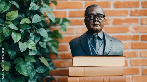 Bust of Dr. Ambedkar Beside Stack of Books Against Brick Wall in Contemporary Setting